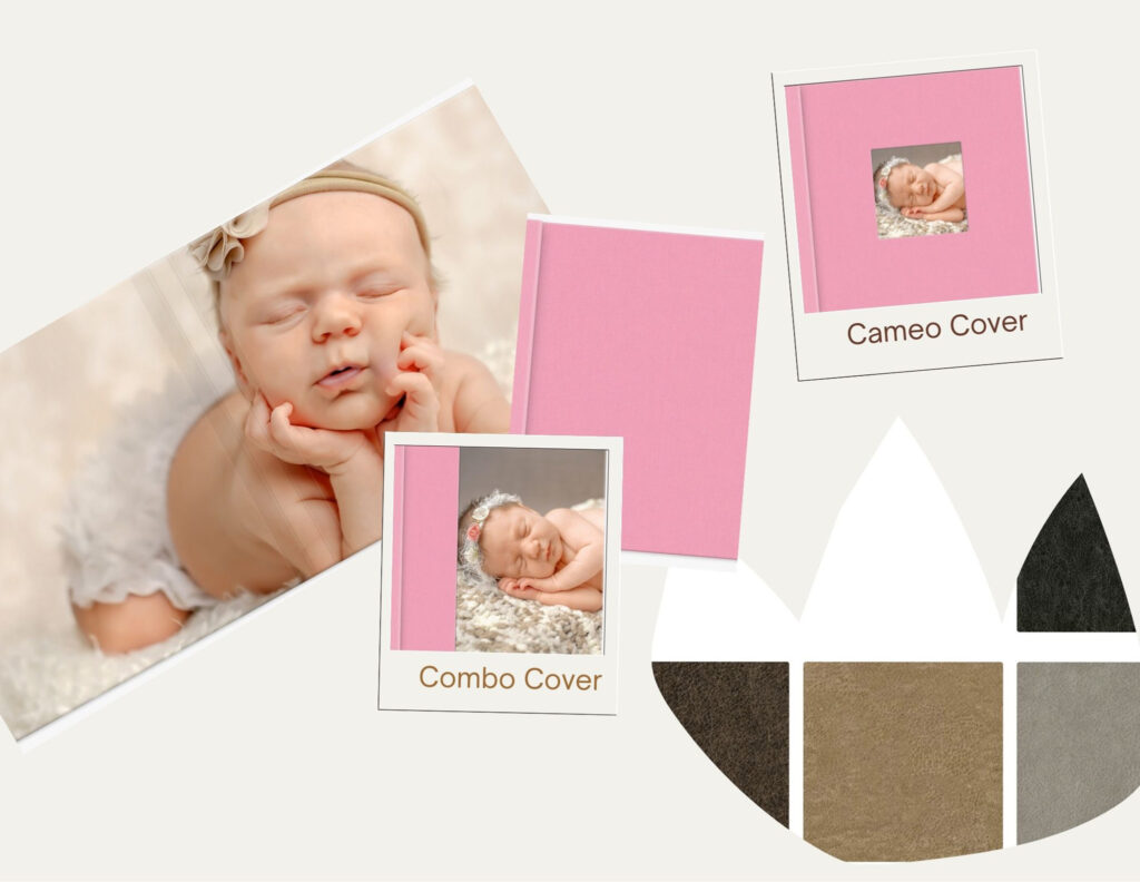 Heirloom album cover design options of cameo, combo, full photo or full material