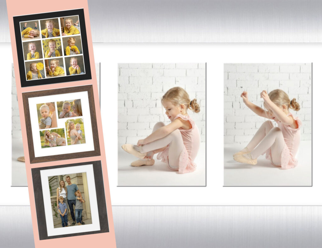 Variety of custom frame options including wood and metal styles for portrait framing