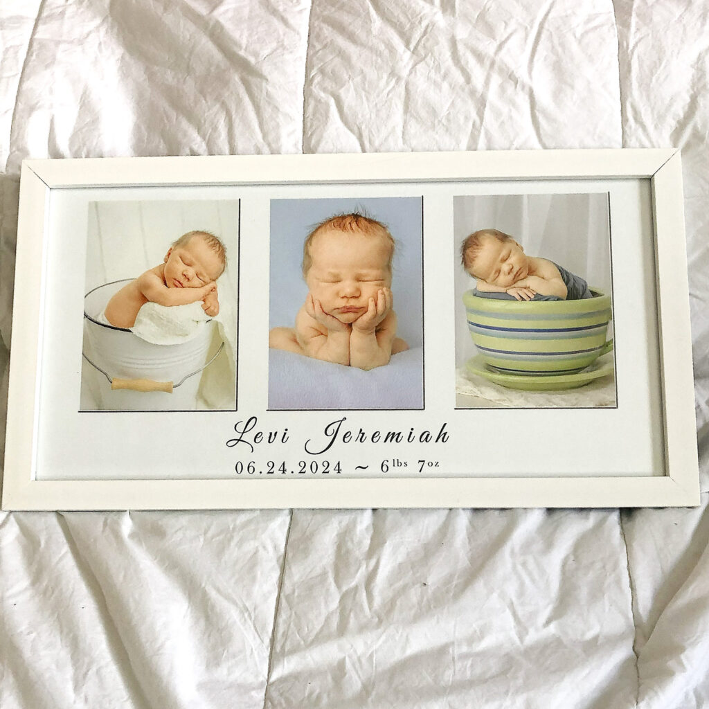 Three-panel framed wall art showing newborn photos