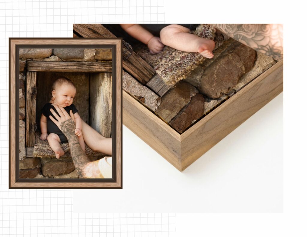 Float frame canvas wall art displayed on wall with close-up detail showing dimensional border