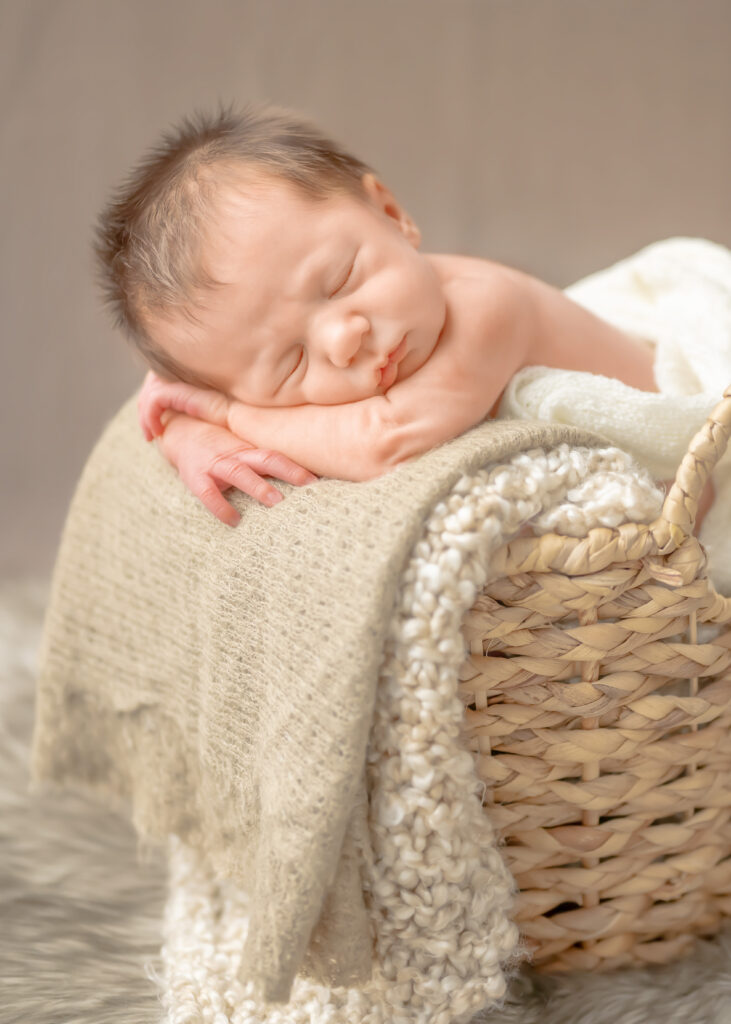 In studio newborn in a neutral woven basket, perfect for an art block to hang above baby's crib