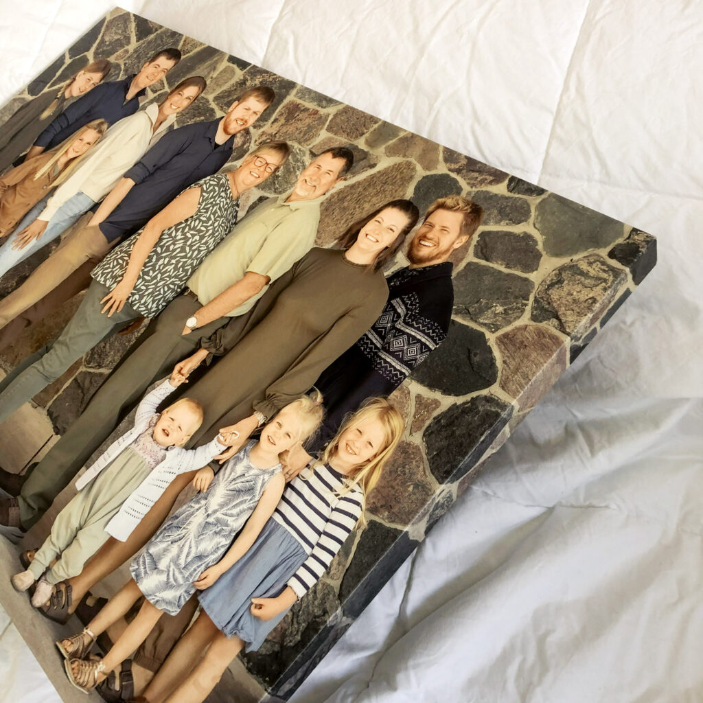 Bold canvas wall art featuring family portrait in modern home